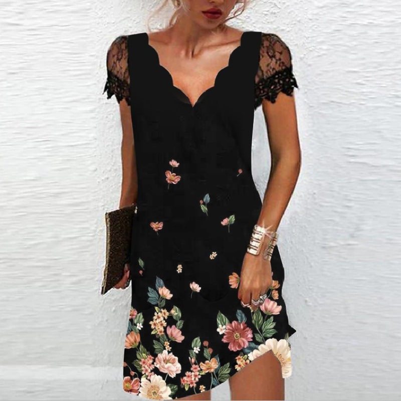 Vestido elegante informal de manga corta con estampado floral, escote en V y encaje de patchwork para mujer