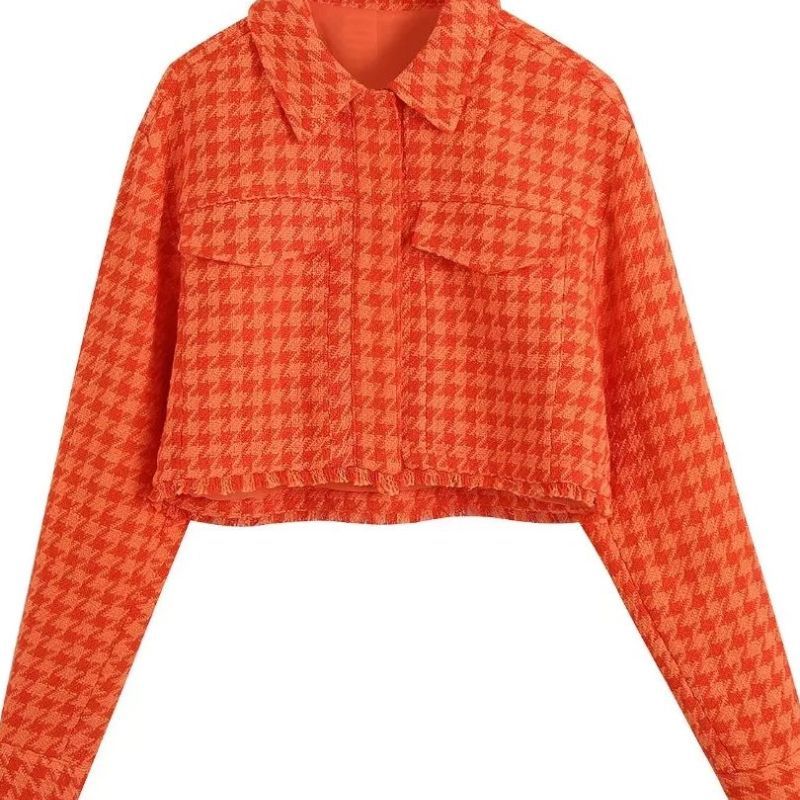 Chaqueta corta de tweed naranja para mujer, abrigo acolchado con botones y cintura alta, pantalones cortos informales de cintura alta para niñas.