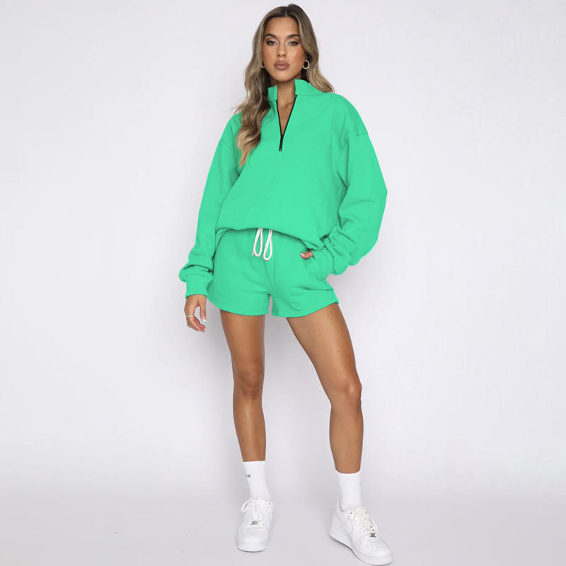 Women Casual Solid Color Stand Collar Half Zipper Long Sleeve Hoodie And Shorts Set
