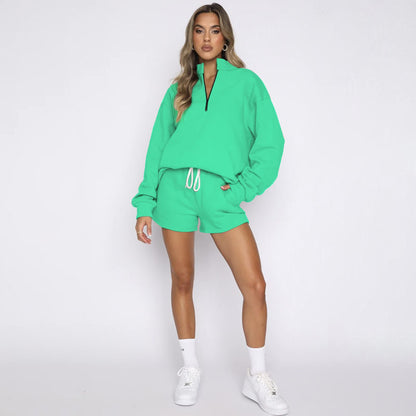 Women Casual Solid Color Stand Collar Half Zipper Long Sleeve Hoodie And Shorts Set