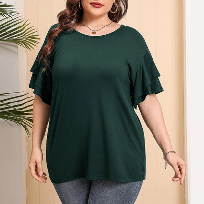 Summer Women Casual Plus Size Solid Color Round Neck Ruffle Short Sleeve Top