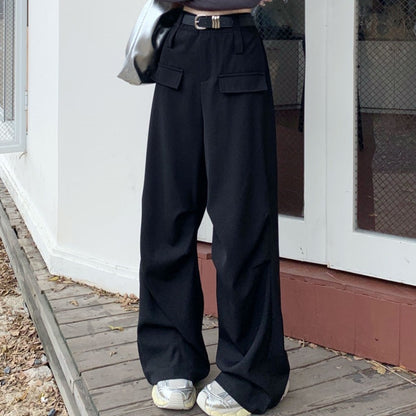 Pantalones cargo holgados de color liso, rectos, de pierna ancha y cintura alta para mujer