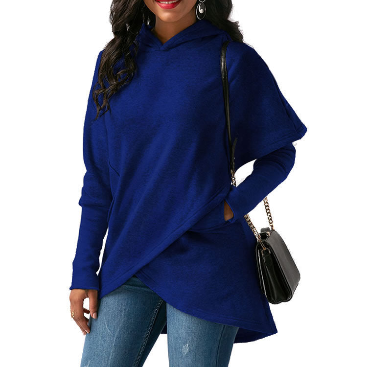 Sudadera con capucha de manga larga con dobladillo irregular y color liso informal para mujer