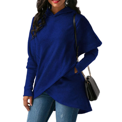 Sudadera con capucha de manga larga con dobladillo irregular y color liso informal para mujer