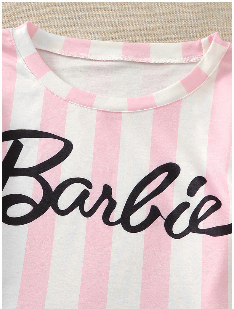 Conjunto de pijama informal para mujer, con estampado de letras y rayas anchas en color rosa, de manga larga, con top corto y pantalones cortos con lazo