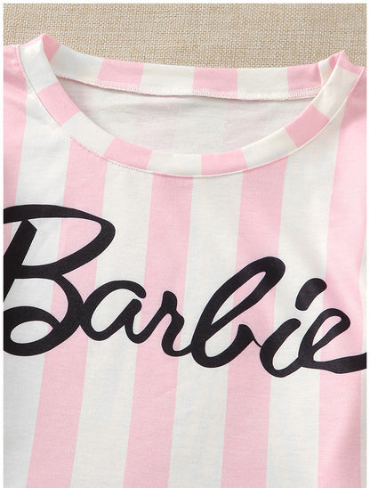Conjunto de pijama informal para mujer, con estampado de letras y rayas anchas en color rosa, de manga larga, con top corto y pantalones cortos con lazo