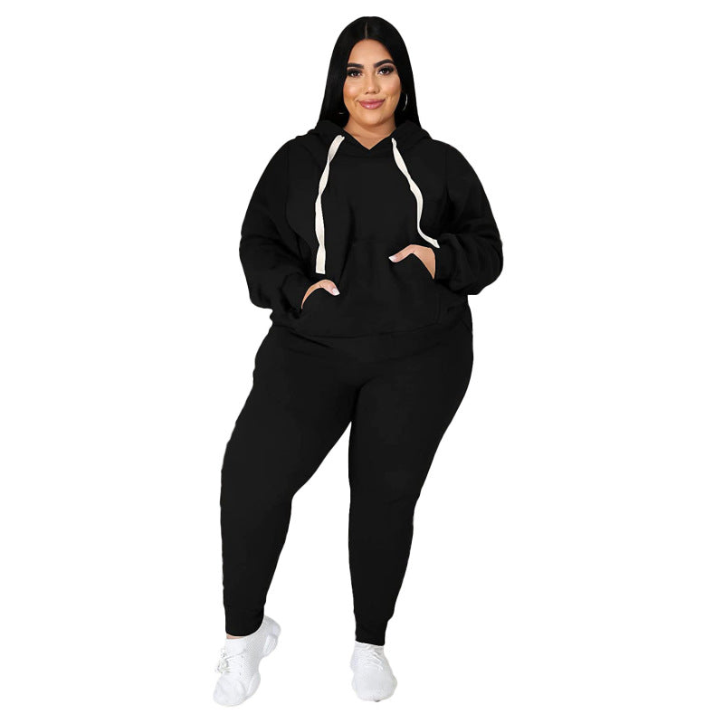 Women Fashion Casual Plus Size Long Sleeve Hooded Sweatshirt Pants Two-Piece Set