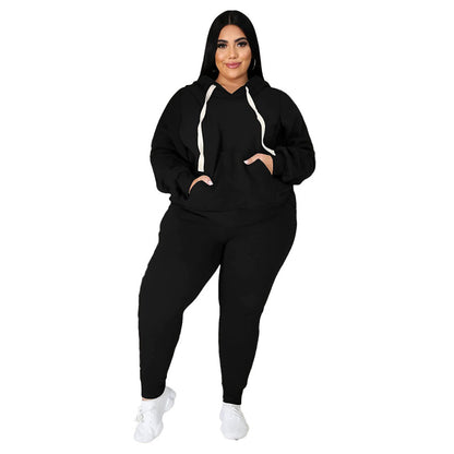 Women Fashion Casual Plus Size Long Sleeve Hooded Sweatshirt Pants Two-Piece Set