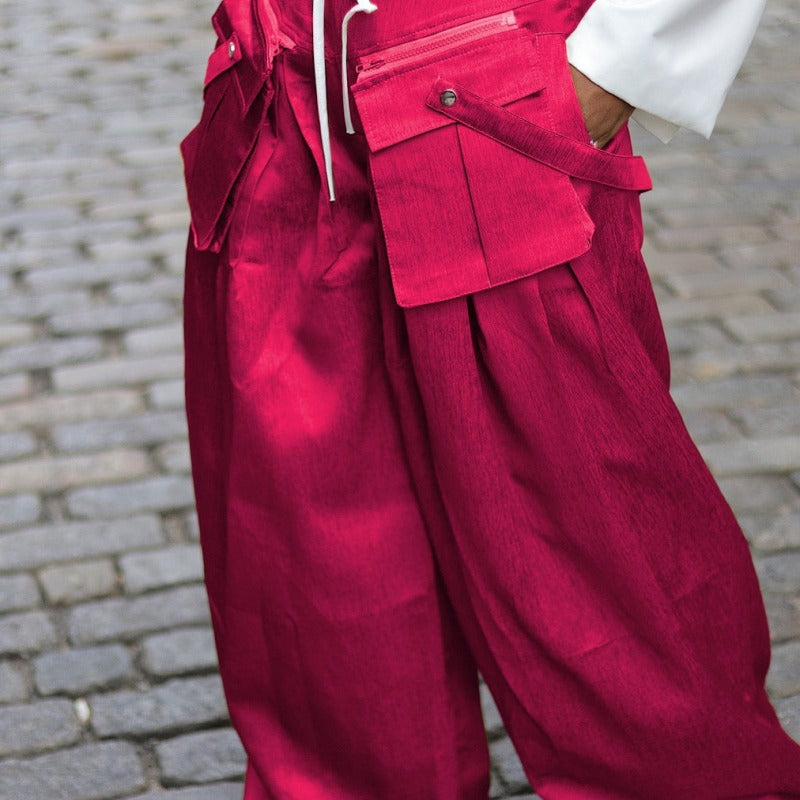 Women Spring Fashion Solid Colid Casual Street Detachable Pocket Wide Leg Cargo Pants