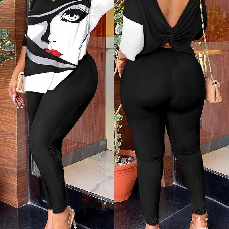 Conjunto de dos piezas con top y pantalones ajustados con espalda descubierta y estampado de rayas geométricas informales a la moda para mujer