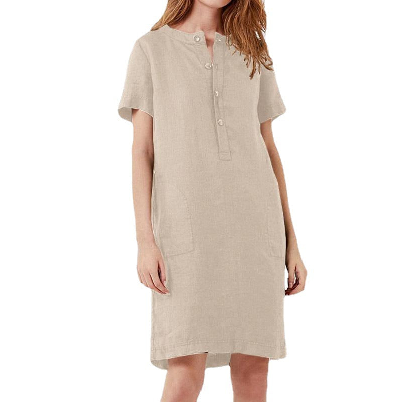 Cotton Linen Loose Short-Sleeved Mid-Length Women Solid Color Casual Dress