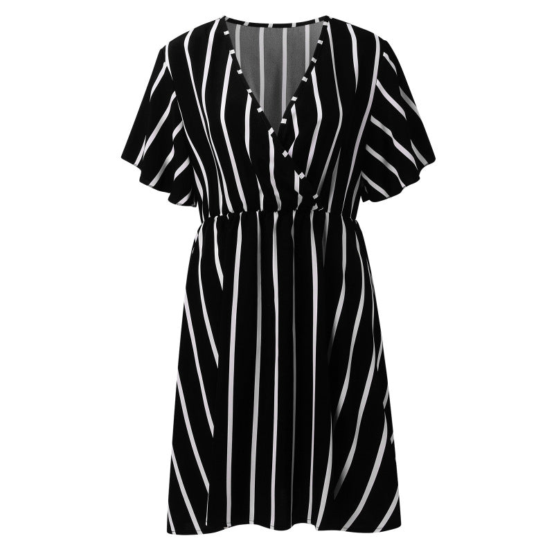 Women Plus Size Stripe V-Neck Short-Sleeved Casual V Neck Dress