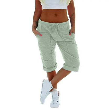 Women Summer Casual Solid Color Drawstring Waist Cropped Pants