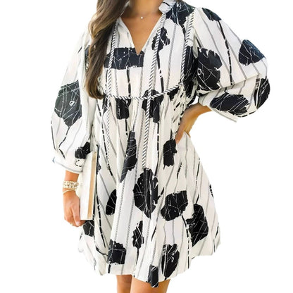 Vestido informal de manga larga con cuello en V y estampado floral para mujer