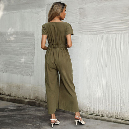Women Summer Casual Solid Color Cotton Linen Wide-Leg Jumpsuit