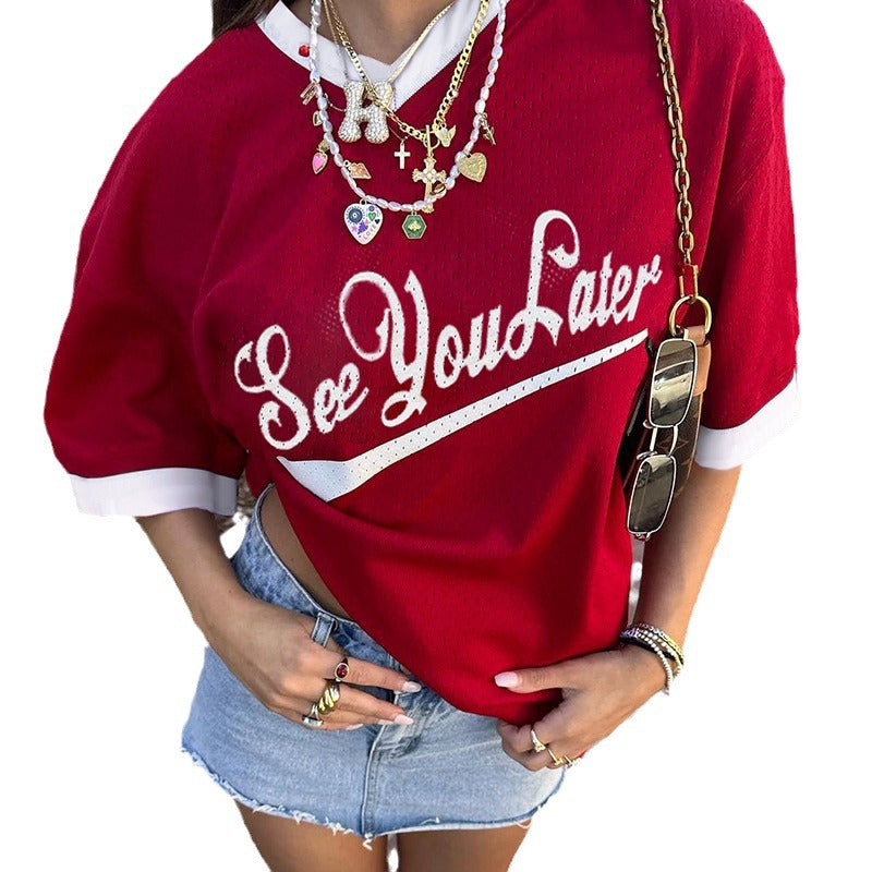 Camiseta deportiva informal de manga corta, de secado rápido, de malla transpirable, holgada, con estampado de letras, estilo urbano