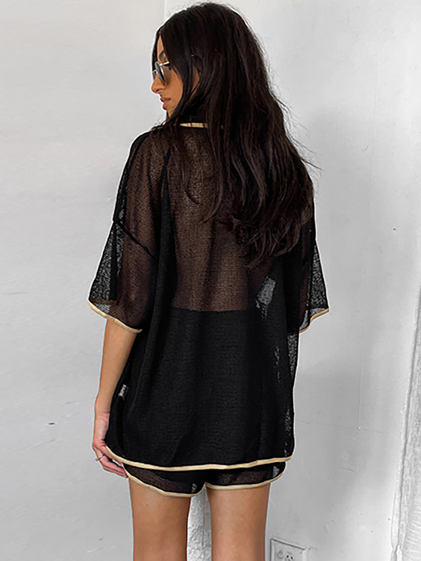 Conjunto de dos piezas de top y pantalones cortos de manga larga con solapa y perspectiva informal para mujer
