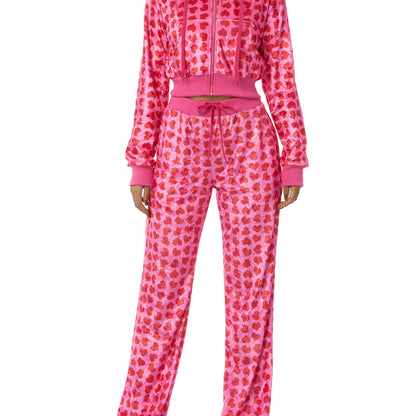 Conjunto informal de dos piezas con capucha y pantalones de cintura alta y top de manga larga con estampado de corazón para mujer