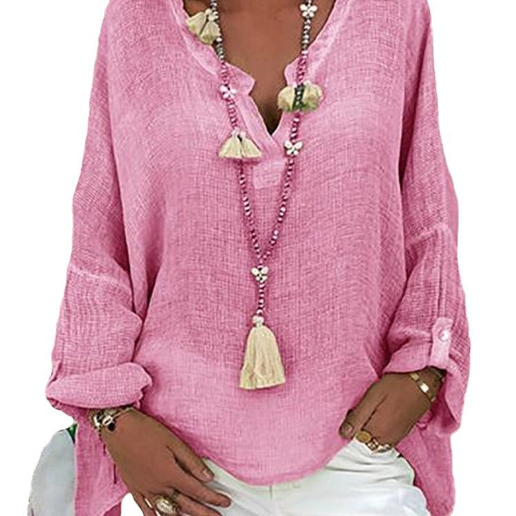 Blusa holgada informal de manga larga con cuello en V para mujer, talla grande