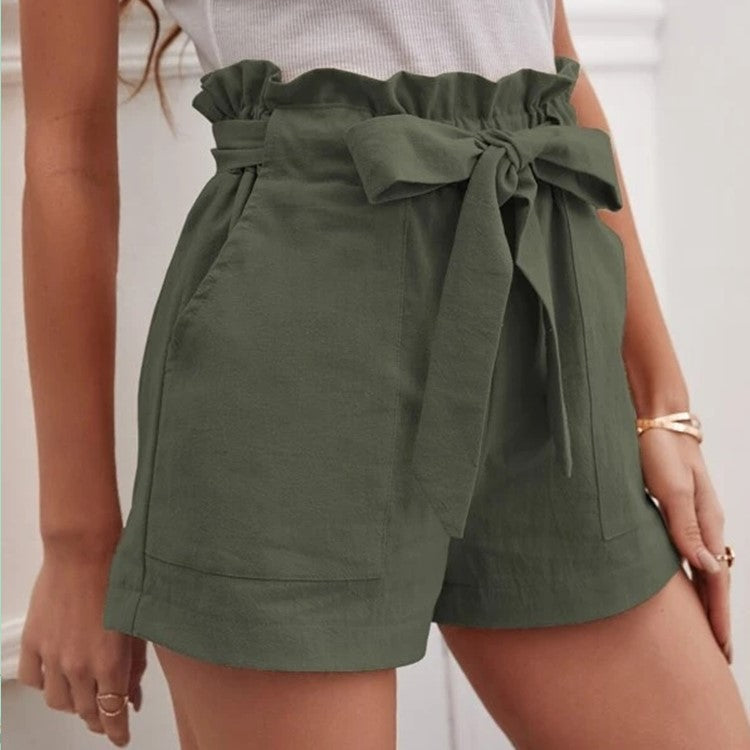 Women Casual Solid Color High Waist Bowknot Lace-Up Loose Shorts