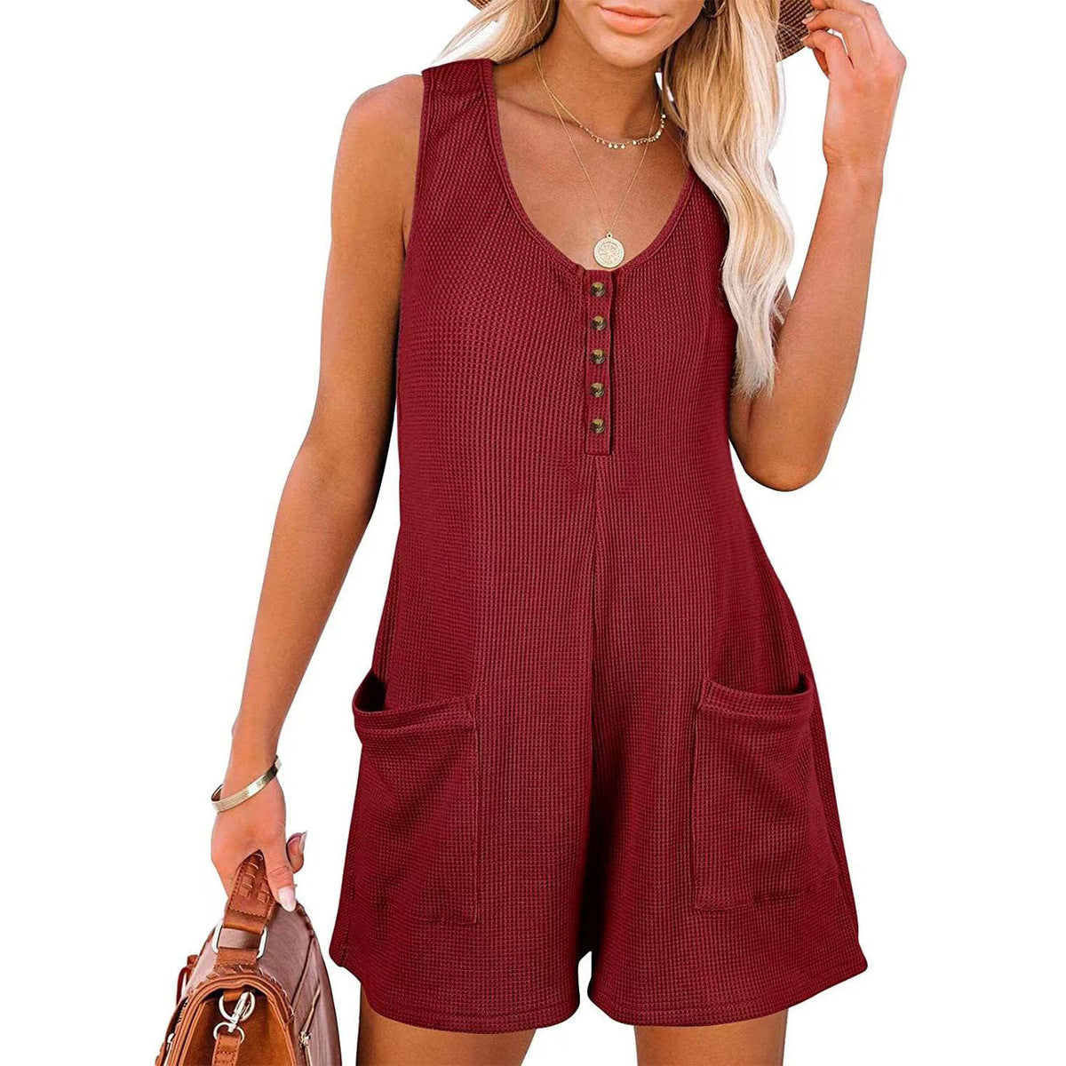 Women Casual Solid Color V-Neck Button Pocket Vest Rompers