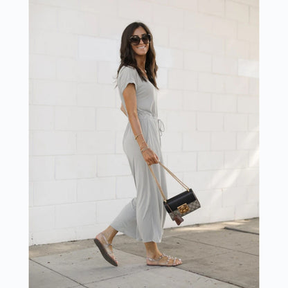 Women'S Casual Solid Color V-Neck Wide-Leg Jumpsuit