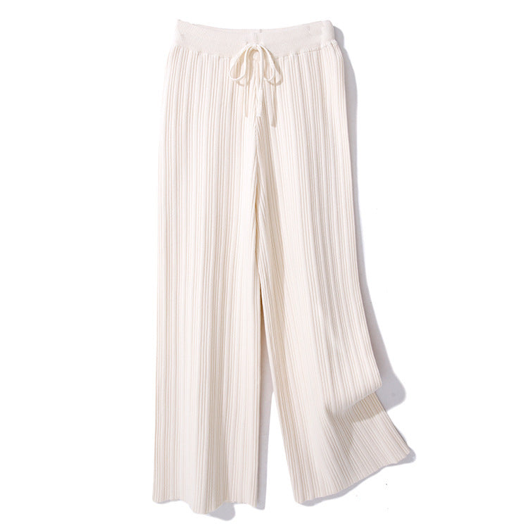 Women Casual Autumn Winter Solid Color Pleated Wide Leg Knitted Pants