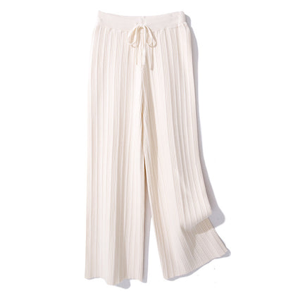 Women Casual Autumn Winter Solid Color Pleated Wide Leg Knitted Pants