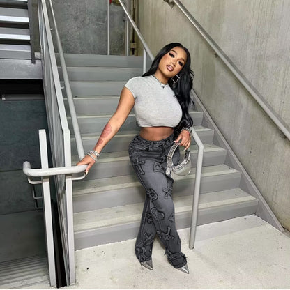 Women Fashion Casual Letter Straight Jeans