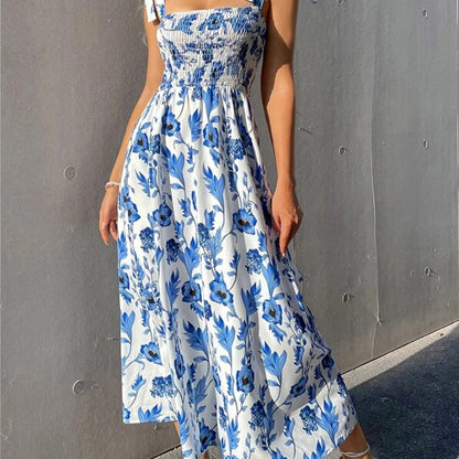 Vestido largo informal con cintura elástica definida y estampado floral para vacaciones de verano para mujer
