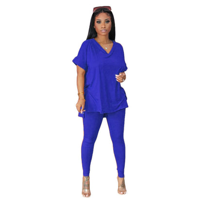 Conjunto de dos piezas para mujer, cuello en V, color liso, holgado, informal, de manga corta, top y pantalón