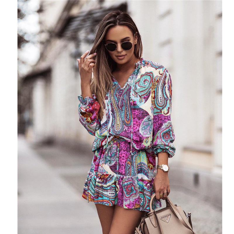Fashion Casual Women Floral Paisley Printed Long-Sleeved Ruffled Dress