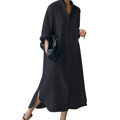 Women Casual Loose Irregular Split Cotton Linen Long Sleeve Dress