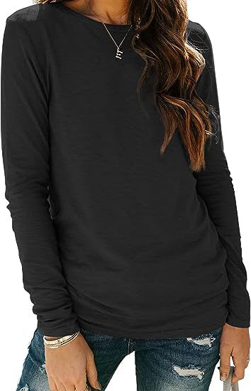 Camiseta de manga larga con cuello redondo, color liso, informal y sencilla para mujer