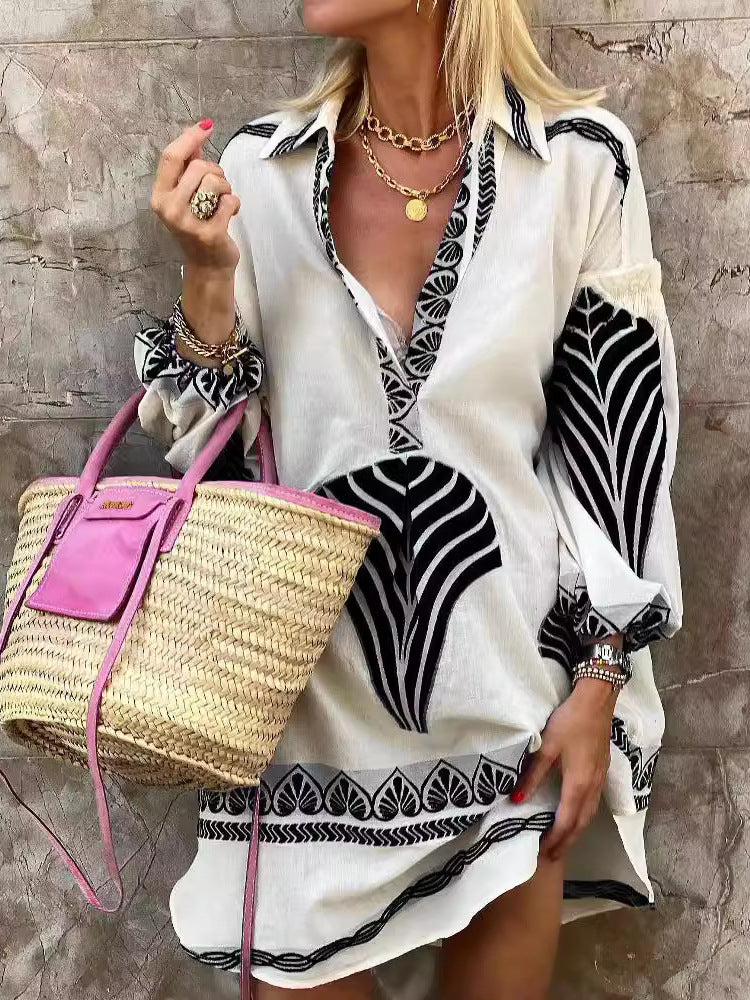 Women Boho Spring And Summer Casual Long Shirt Loose Vacation V-Neck Dress