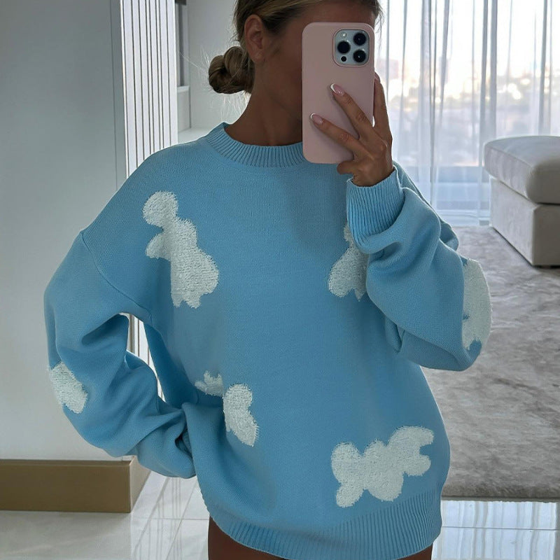 Women Fashion Cute Heart-Shaped Round Neck Winter Loose Casual Knitted Sweater