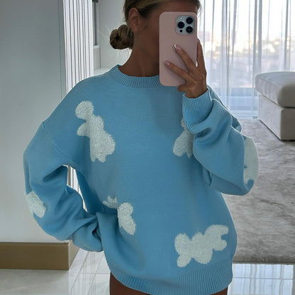 Women Fashion Cute Heart-Shaped Round Neck Winter Loose Casual Knitted Sweater