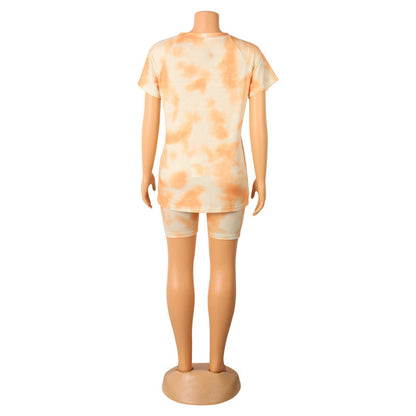 Women Fashion Casual Printed Round Neck Short Sleeve Top Loose Shorts Set
