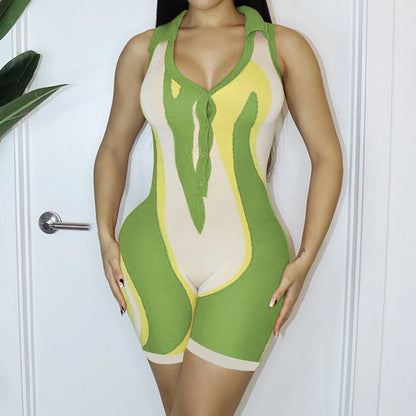 Women Casual Knitted Playsuits V Neck Sleeveless Turn Down Collar Button Up Outfits Bodycon Rompers