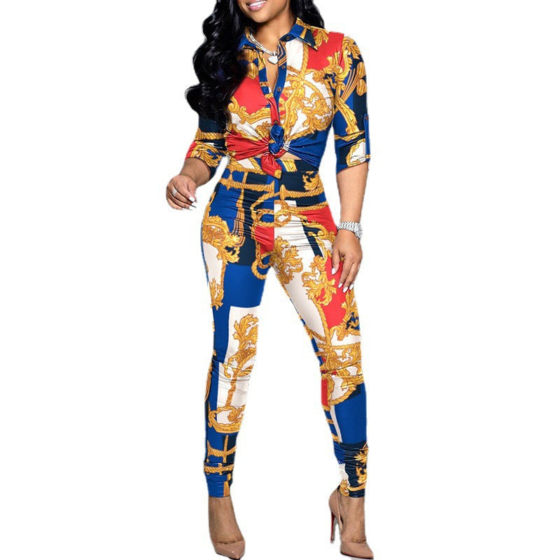 Women Fashion Casual Color-Block Printed Long-Sleeve Blouse Shirt Casual Pants Two-Piece Set