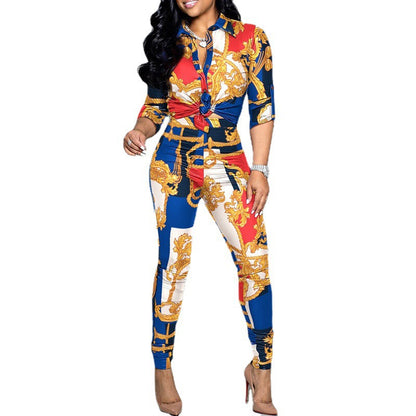 Women Fashion Casual Color-Block Printed Long-Sleeve Blouse Shirt Casual Pants Two-Piece Set