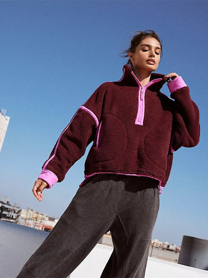 Half Zipper Turtle Neck Women Street Fashion Casual Winter Pullover Solid Color Plush Sweatshirt