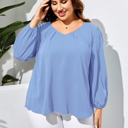 Women Fashion Solid Color Plus Size V-Neck Loose Casual Top
