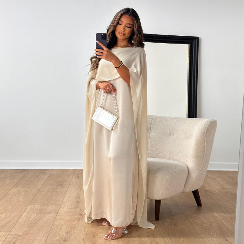 Women Fashion Casual Solid Color Round Neck Loose Abaya Chiffon Maxi Dress