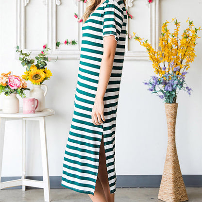 Women Fashion Casual Black White Stripe Printed V-Neck Short Sleeve Side Slit Dress