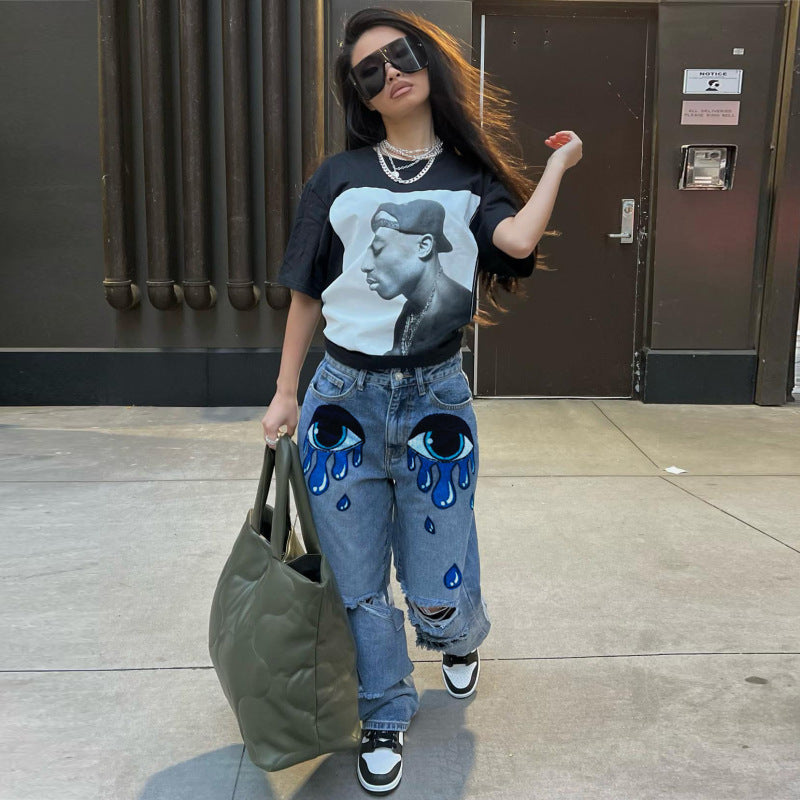 Vaqueros de pierna ancha con estampado de ojos rotos e informales para mujer