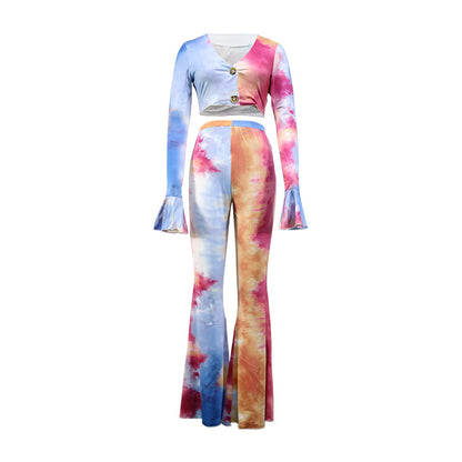 Conjunto de dos piezas de camiseta y pantalones holgados de manga larga con efecto tie-dye para mujer