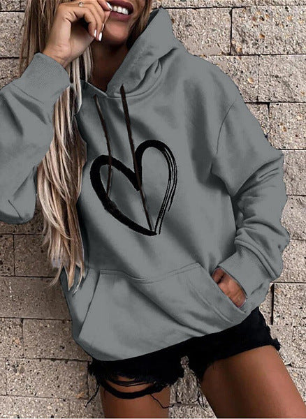 Sudadera básica informal con capucha y estampado de corazón para mujer, de manga larga