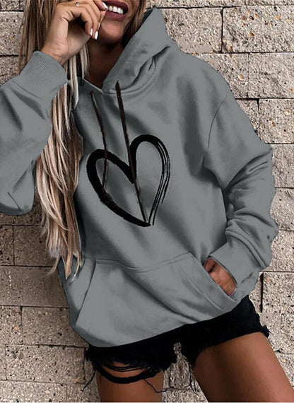 Sudadera básica informal con capucha y estampado de corazón para mujer, de manga larga