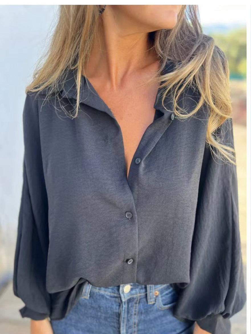 Blusa informal de manga larga con botones y estampado de flores de color liso para mujer